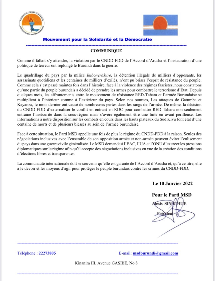 Burundi: le parti MSD appelle à des négociations inclusives