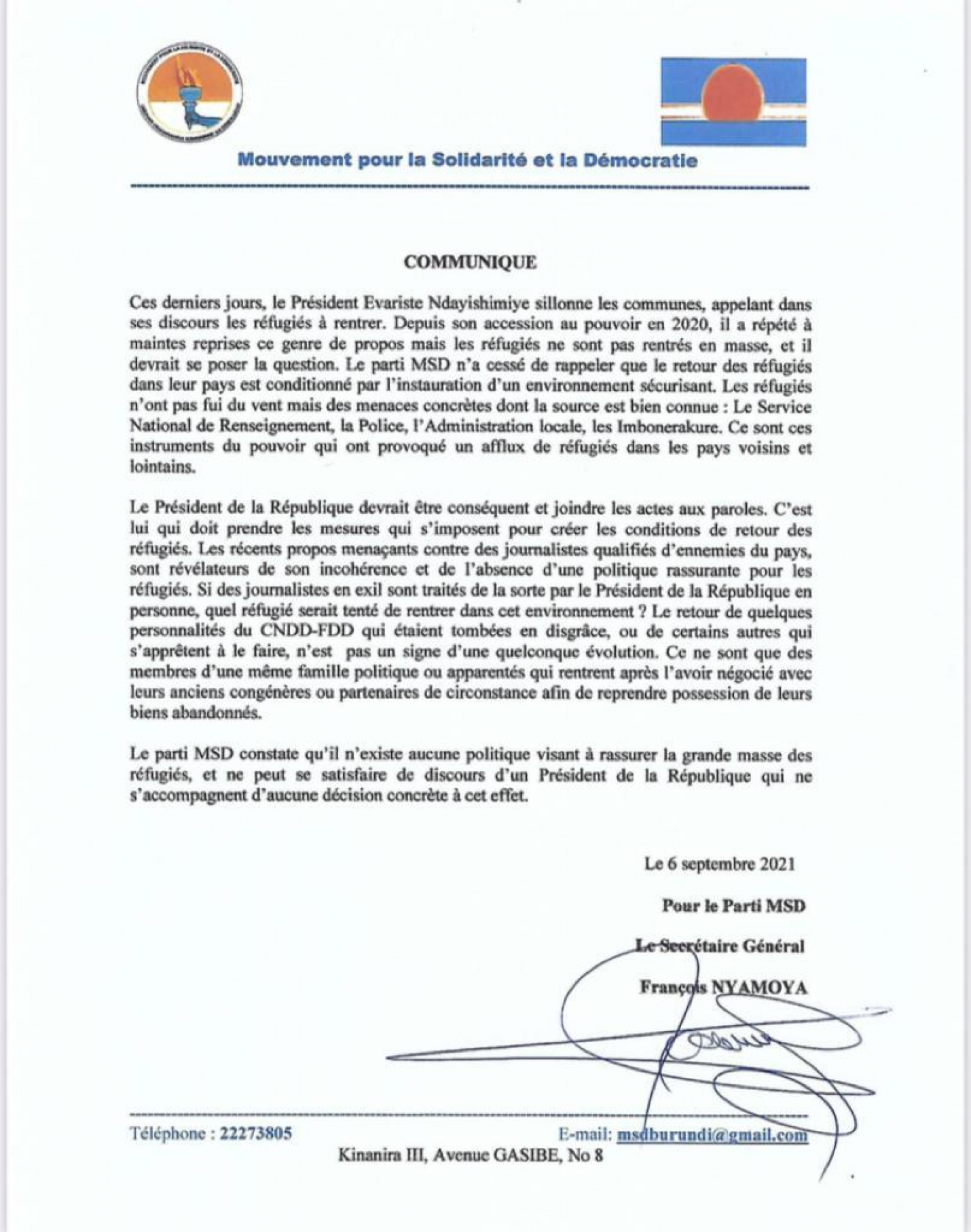 Burundi/retour des réfugiés : le MSD exhorte le président Ndayishimiye de joindre l’acte à la parole