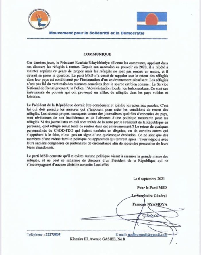 Burundi/retour des réfugiés : le MSD exhorte le président Ndayishimiye de joindre l’acte à la parole
